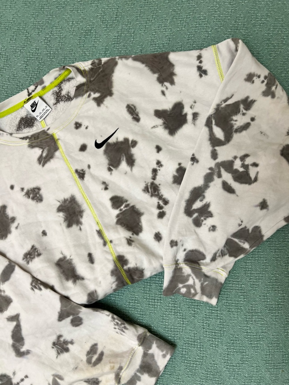Nike White and Gray Tie-Dye Crewneck with Neon Stitching